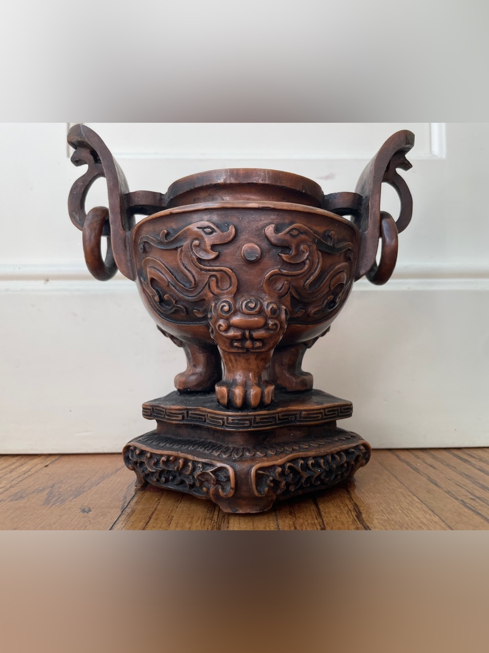 Vintage Chinese Carved Wood Ding Censer Urn Dragon Phoenix 8”